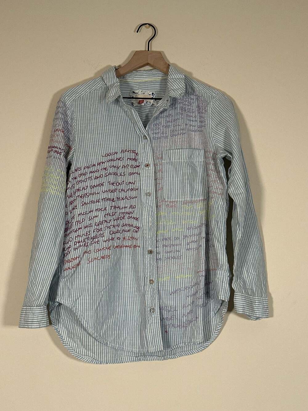 Pilcro The Cate Oxford Words Button Down Shirt Blue Striped Embroidered M